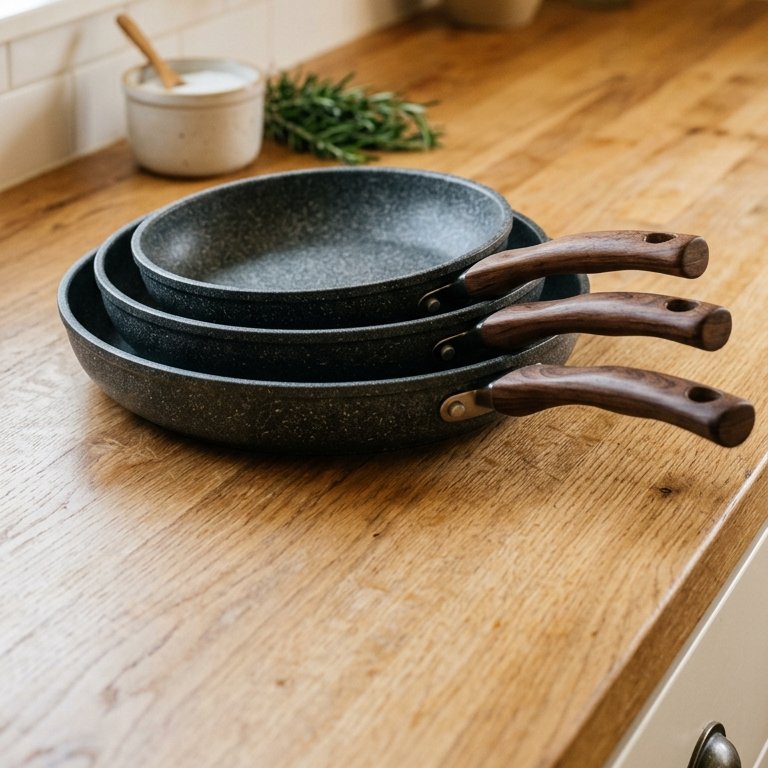 The set's three pans stacked by size, 28, 24 and 20 cm